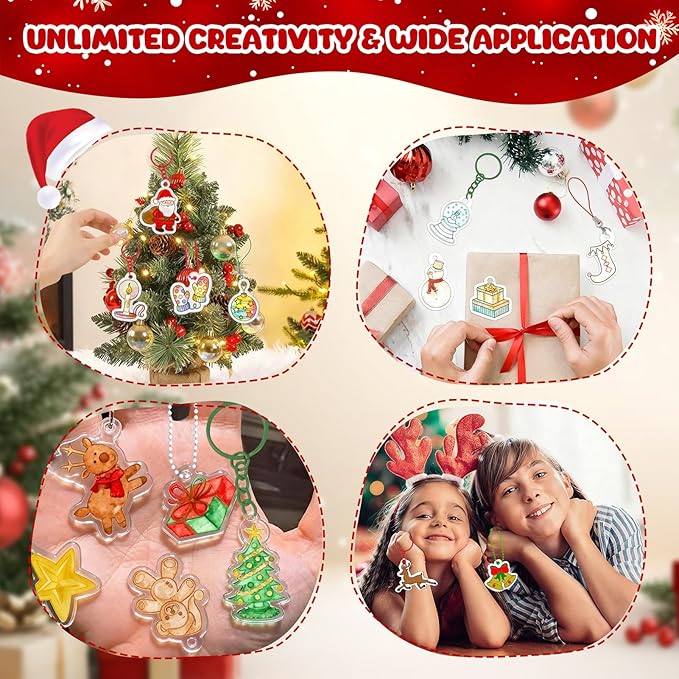 74PCS Shrink Dink Sheets Keychain Kit, Christmas Theme Ornaments Gifts Shrink Plastic Sheets with 6PCS 7.9"x5.7" Pre-Printed Shrinking Film Art Paper for Kids DIY Crafts, Perfect Stocking Stuffer