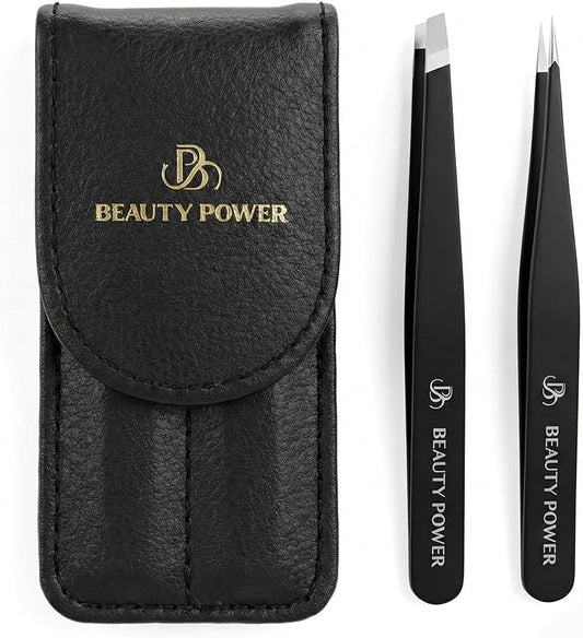 Beauty Power Precision Tweezers for Women Facial Hair & Men - Professional Tweezers Set with Slant & Point Tips, German Stainless Steel, PU Leather Travel Case, Lightweight & Ultra Precision Black