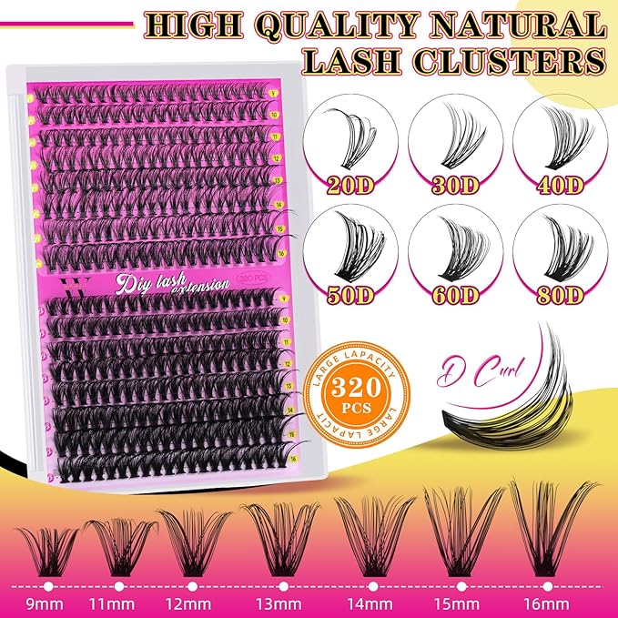 Lash Clusters 320PCS Individual Lashes D Curl Eyelash Clusters Mixed Length Cluster Eyelash Extensions Clusters Lashes with Thin Band Soft False Eyelashes DIY at Home(20D+40D,D-Mix9-16mm)
