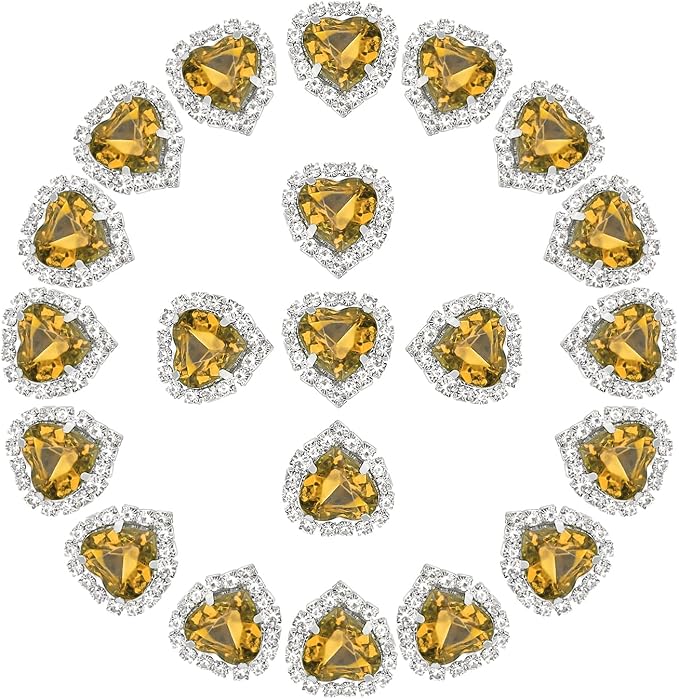 PATIKIL 30PCS Heart Rhinestones, Sew on Rhinestones Buttons Crystal Heart Nail Charm Embellishment Flatback Diamond for Sewing DIY Clothing Wedding, Yellow