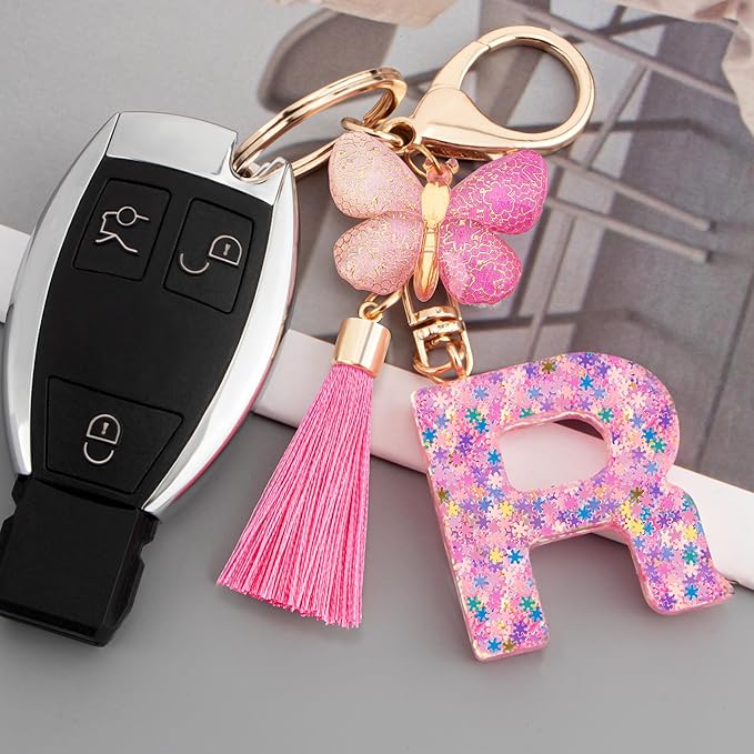 Suweibuke Cute Pink Key Chains for Women Girls, Initial Letter Keychains with Tassel, Charms for Key Purse Handbags Backpacks