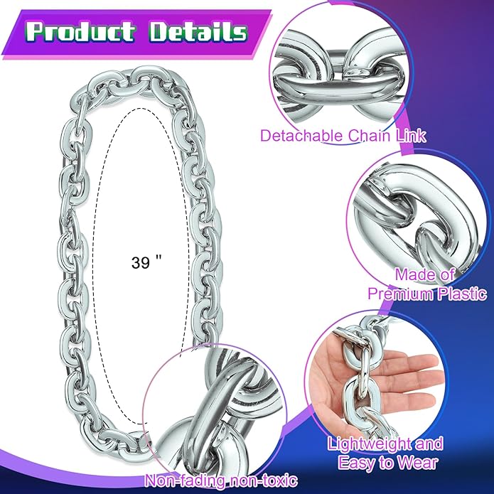 Remuuly Plastic Chain Necklace Chunky Big Fake Necklace Hip Hop Rapper Giant Turnover Chain Costume for Halloween