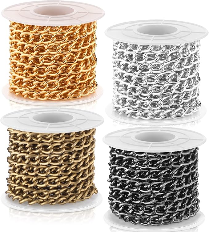 Jadive 4 Rolls 39.4 Feet Aluminium Necklace Chains 6.5 mm Twisted Links Spool Chain Jewelry Making Chains for Bracelet Necklace Jewelry Making(Gold, Silver, Bronze, Gun Black)