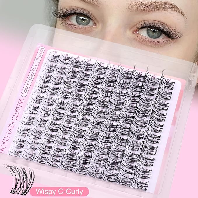 Natural Lash Clusters Kit Wispy Lash Extension Kit Invisible Band Eyelash Clusters C Curly 8-16MM DIY Cluster Eyelash Extensions with Lash Bond and Seal Tweezers Brushes by ZANLUFLY