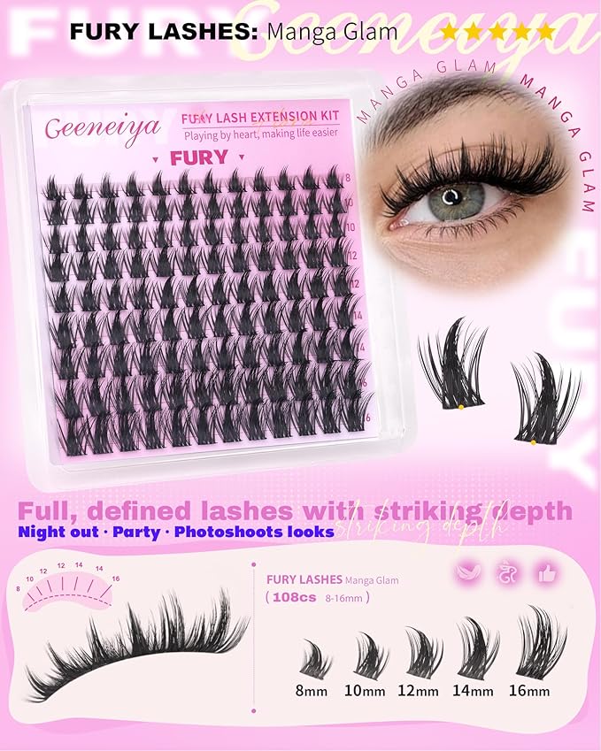 Geeneiya Lash Clusters Kit, 5 Styles Eyelash Clusters Kit, FURY/SIREW/DIVA/Bottom Cluster Eyelash Extensions with Lash Bond and Seal, Remover and Lashes Tools for Beginners, DIY Lash Extension Kit