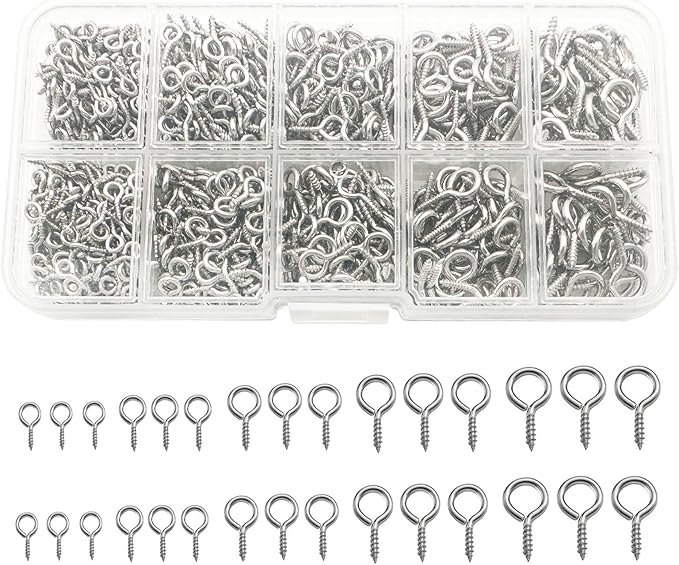 1000 Pcs Small Screw Eye Pin Jewelry Making Eyelet Hook Kits for Craft 5 Sizes Silver (4x8mm,5x10mm,6x12mm,7x14mm,8x16mm)