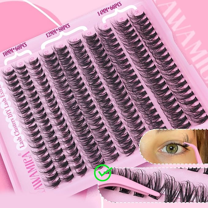 Yawamica Natural Lash Clusters Kit Wispy Eyelash Extension Kit CC Curly Eyelash Clusters Fluttery 10-14mm Individual Lashes with Waterproof Lash Bond and Seal and Lash Tweezers DIY Lash Extension Kit