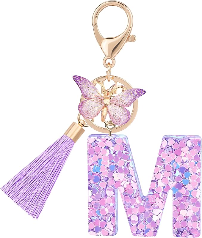 Initial letter Keychains for Women Girls Tassel Butterfly Cute Keychain for Wallet Backpack charm