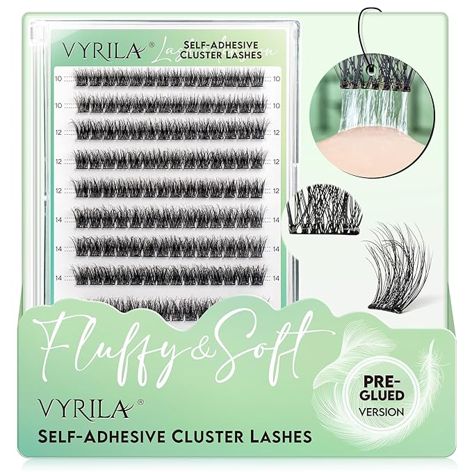 VYRILA Self-Adhesive Lash Cluster, 140pcs Pre-Glued Clusters, Pop-On Faux Eyelashes, 3D Band D Curl Natural Look Lahses, Easy to Apply, Reusable 0.05mm Eyelash Extensions (Green Muse-D-0.05-10-16mix)
