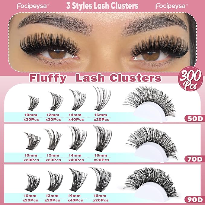Focipeysa Eyelash Extension Kit 300pcs Lash Extensions 50D 70D 90D Eyelash Extension Full Volume Lash Clusters 10-16mm DIY Lash Extension with Waterproof Lash Bond and Seal for Makeup