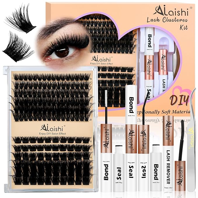 AILAISHI Lash Clusters Kit, DIY Cluster Eyelash Extensions 10‑20mm, 100D+200D, 156pcs Fluffy D Curl Natural Lashes with Bond & Seal,Remover,Tweezers – Fake Cat Eye Individual Clusters