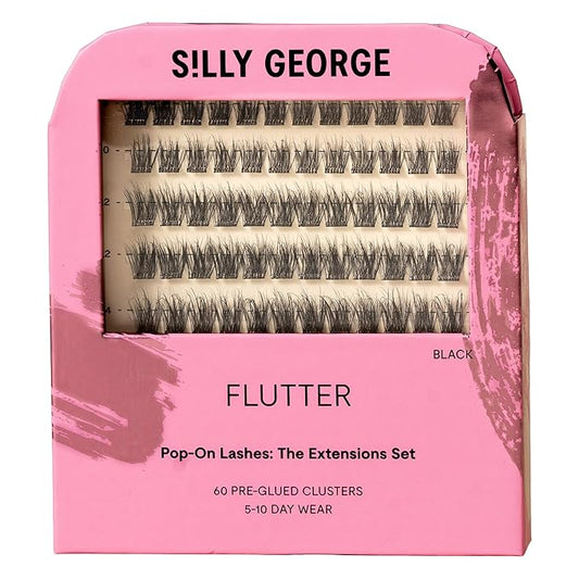 Silly George Pop-On Lashes - DIY 1-Step Pre-Glued Faux Eyelash Clusters, Natural Look Extensions, Black - Flutter, 5-7 Pair Set, Pack of 60 Clusters
