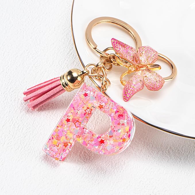 Initial letter Keychains for Women Girls Tassel Butterfly Cute Keychain for Wallet Backpack charm