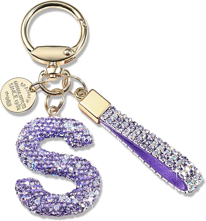 Pink Blue White Initial Letter Keychain Gift for Women Girls Bling Sparkly Cute Backpack Car Key Accessories Lanyard