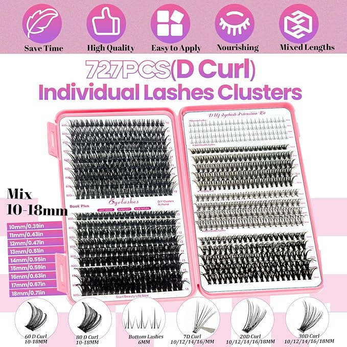 Qiveaory DIY Lash Extension Kit 727 Pcs Individual Lashes Clusters with Bottom Lashes Lash Bond and Seal,Eyelash Remover Tweezers Brush Eyelash Extension Set Lash Books DIY at Home