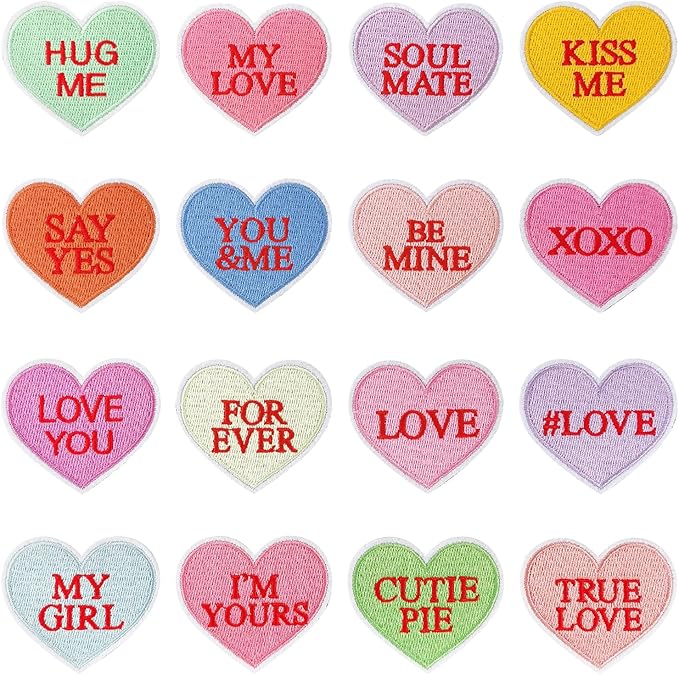 WILDREEDS 16 Pieces Valentine's Day Iron on Patches, Conversation Hearts Embroidered Patch for Clothing, T-Shirt, Backpacks, Hats, Jeans, Jackets