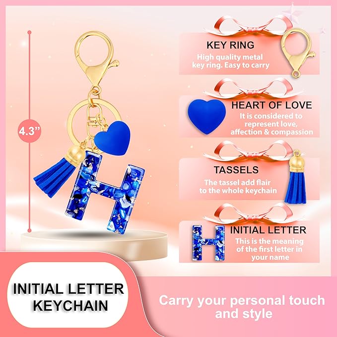 Initial Keychains for Women with Cute Heart Resin - Alphabet Letter Keychain for Bag, Backpacks, Purse or Car key