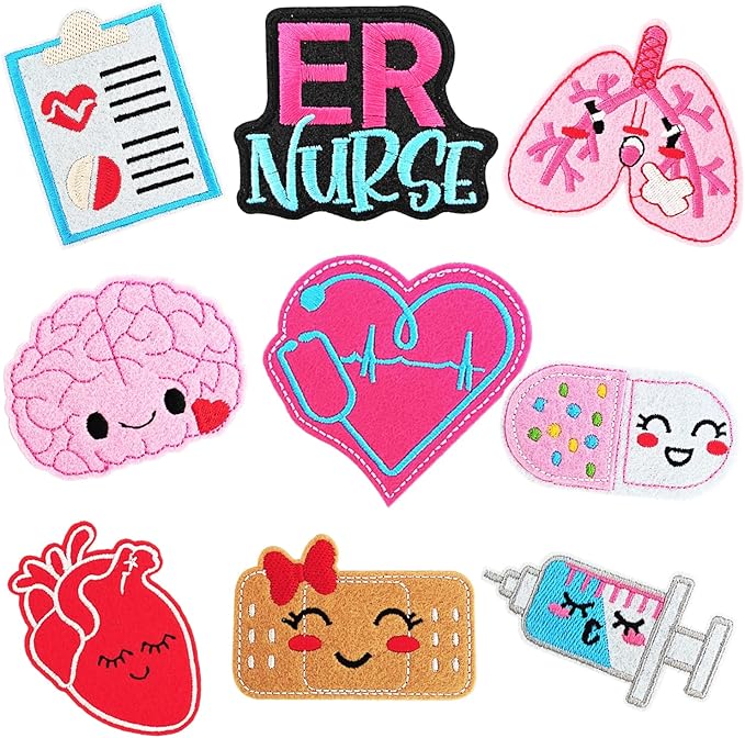 WILDREEDS 9 Pieces Nurse's Day Iron on Patches, Cartoon Anime Pill Heart Syringe Medical Nursing Embroidered Nurse Patch for Clothing, T-Shirt, Backpacks, Hats, Jeans, Jackets