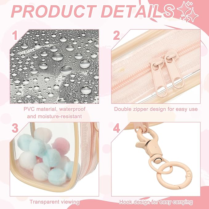 uxcell 3.5 Inch Clear Figure Display Bag, Mini Clear Pouch Waterproof Coin Pouch with Keychain and Pom Poms for Blind Box Doll Display (Square, Dusty Mauve)