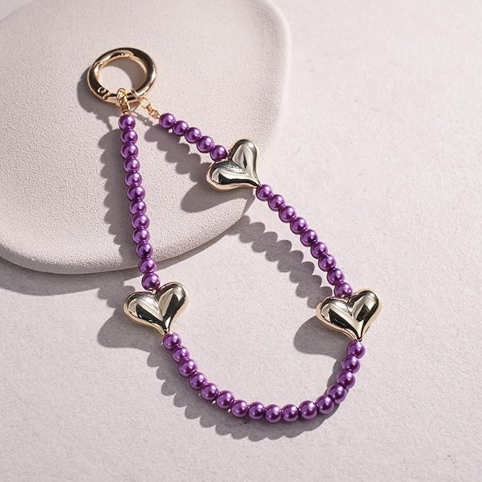 Beaded Phone Wrist Strap for Women Pearl Wristlet Strap Cute Phone Lanyard Golden Heart Shaped Bead Cellphone Chain (Rose Purple)