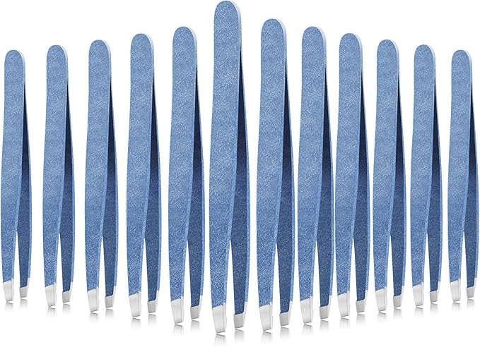 Mudder 12 Pcs Eyebrow Tweezers Set for Facial Hair Stainless Steel Slanted Tip Tweezers in Bulk for Men and Women (Sky Blue)