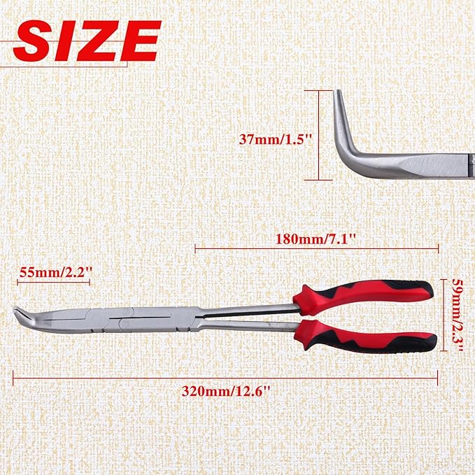 Long Reach 90 Degree Bent Nose Pliers 13-Inch Dual Pivot Double Joint Serrated Jaw Angled Needle Nose Extra Extended for Narrow Spaces and Limited Areas