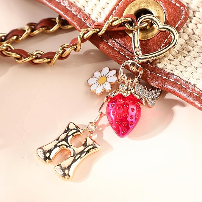 Strawberry Initial Keychain for Women-Cute Kawaii Gold Alphabet Bag Charms, Key chain Gift for Purse Handbag