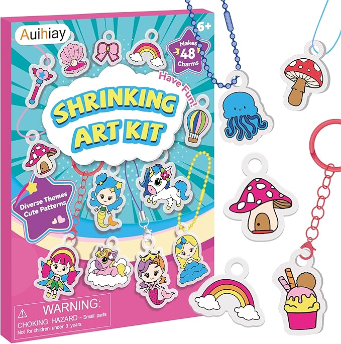 Auihiay DIY Shrinking Art Kit for Kids, 48Pcs Pre-Cut Charms, Unicorn, Princesses Shapes, No Mess Creative Activity Jewelry Making Shrinky Art Kit with Pencils, Keychains, and Cartoon Stickers
