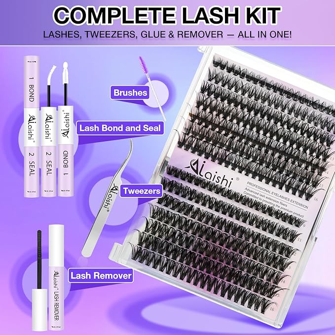 AILAISHI Lash Clusters Kit, DIY Cluster Eyelash Extensions 9‑16mm, 40D+50D, 280pcs Fluffy D Curl Natural Lashes with Bond & Seal,Remover,Tweezers,Brush–Fake Cat Eye Wispy Individual Clusters
