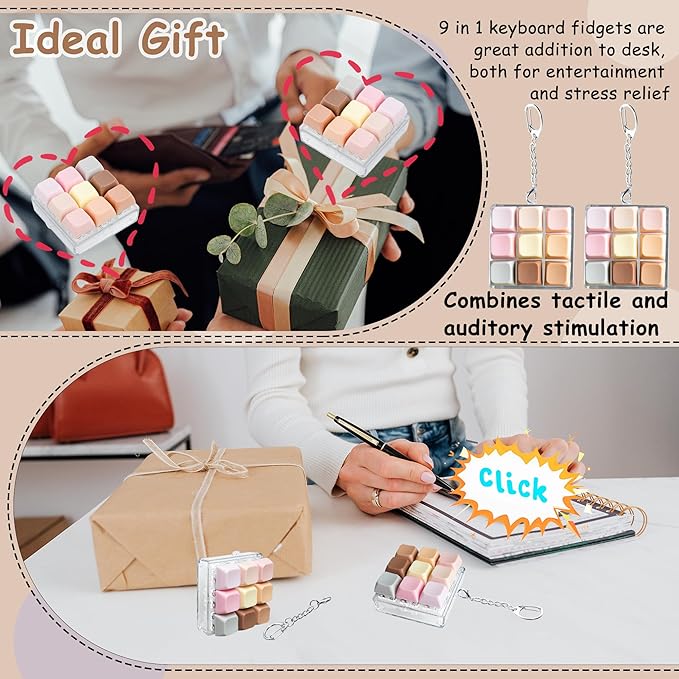 2 Pack 9 in 1 Keyboard Fidget Toy, Keyboard Fidget Keychain Anti-Stress Keyboard Decompression Button Finger Clicker Toys Stress Relief Fidget Gifts (Morandi)