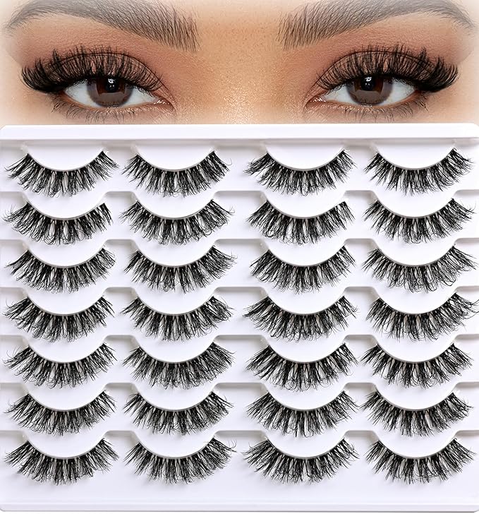 APCYUST Lashes False Eyelashes Natural Wispy Lash Strips Clear Band Fake Eyelash Pack 14 Pairs Cat Eye Strip Lashes Set Fluffy Mink Eyelashes Natural Look Short Wispies Pestañas Postizas for Women