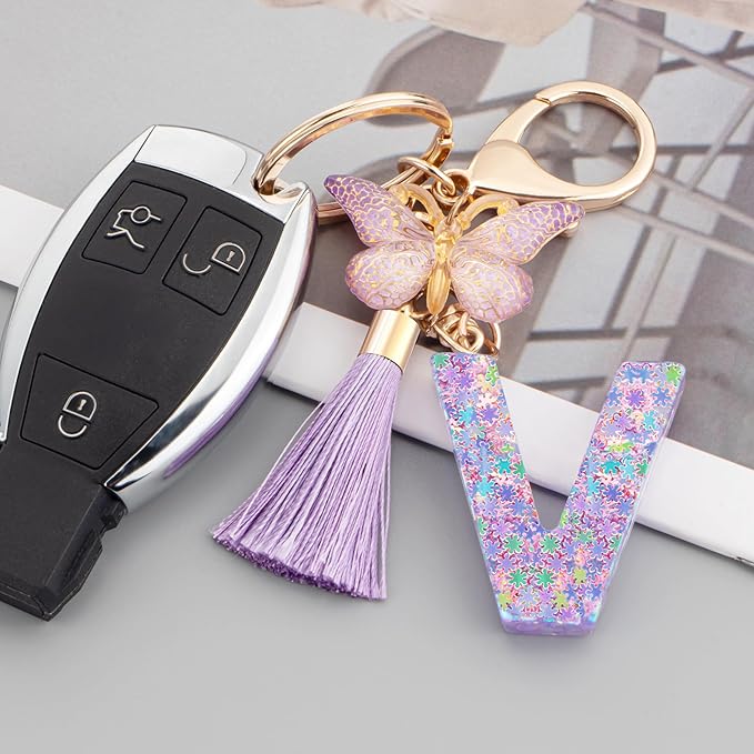 Suweibuke Cute Pink Key Chains for Women Girls, Initial Letter Keychains with Tassel, Charms for Key Purse Handbags Backpacks