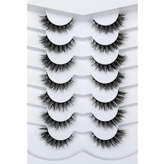 Pooplunch False Eyelashes Cat Eye Look Wispy Lashes Short Natural Crossed Extension Volume Fake Eyelashes 8D Faux Mink Strip Lashes 7 Pairs Pack