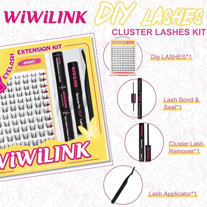 WiWiLINK Wispy Lash Clusters D Curl DIY Lash Extension Kit Natural Eyelash Clusters 8-14mm with Bond, Seal, and Remover - Invisible Band Lashes Clusters, Spike False Eyelashes, Freya Short-Kit