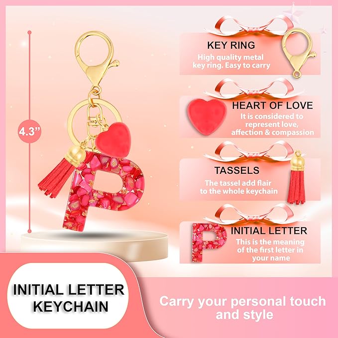 Initial Keychains for Women with Cute Heart Resin - Alphabet Letter Keychain for Bag, Backpacks, Purse or Car key