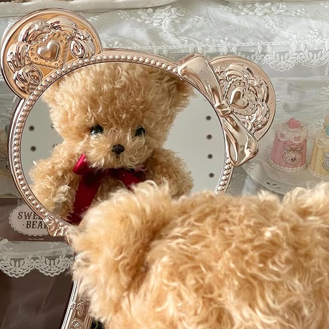 Flower Knows The Sweetie Bear Hand Mirror,Vintage Portable Handheld Mirror,Fancy & Pretty Princess Mirror with Long Handle,Gift for Girls(Creamy Pink)