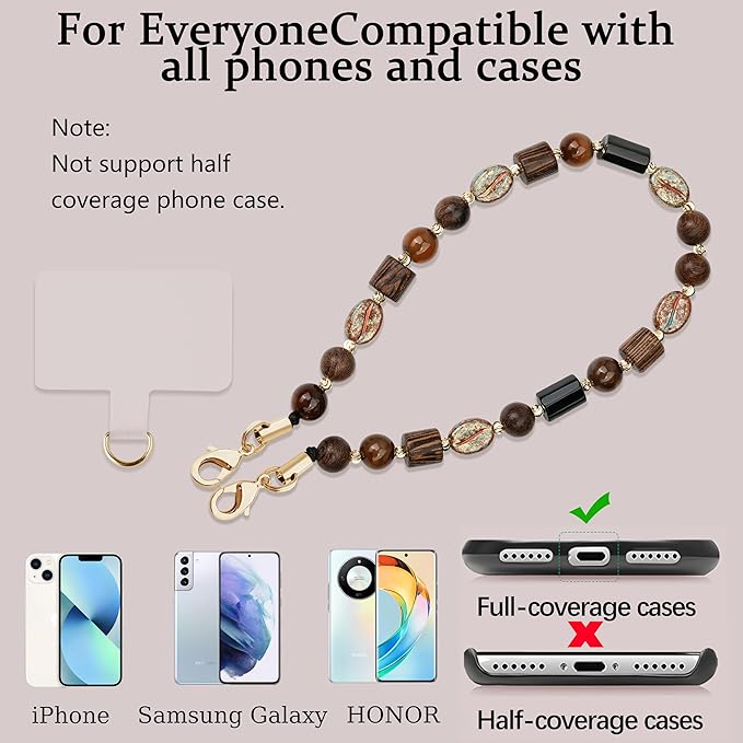 Marble Beaded Phone Wrist Strap,Detachable Phone Bracelet Strap with Tether Tab,Hands-Free Wristlet Strap (Brown)