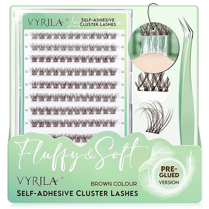 VYRILA Brown Self-Adhesive Lash Cluster Kit, Pre-Glued Clusters with Tweezers, Pop-On Faux Eyelashes, 3D Thin Band D Curl Natural Lahses, Easy to Apply, Reusable 0.05mm Eyelash Extensions (Hush-Brown)