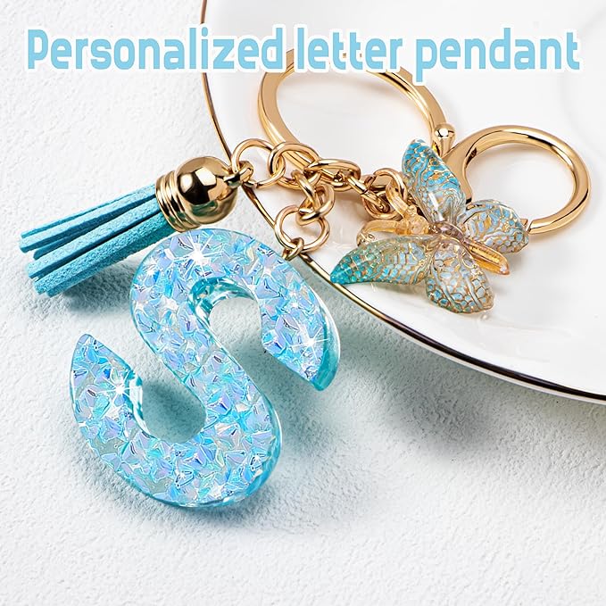 Initial letter Keychains for Women Girls Tassel Butterfly Cute Keychain for Wallet Backpack charm