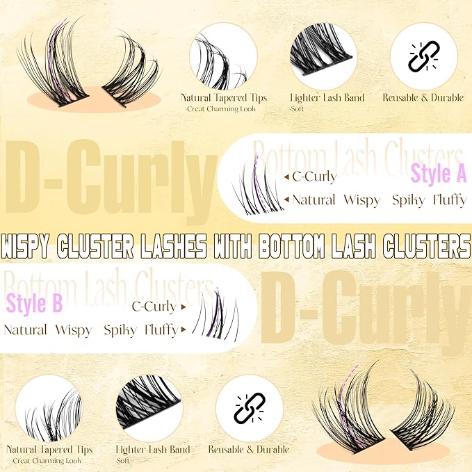 Ruairie Natural Lash Clusters Kit Wispy Lash Extension Kit 4 Styles Eyelash Extension Kit 143pcs Eyelash Clusters Kit D-Curly Individual Lashes Kit with Bottom Lash Clusters