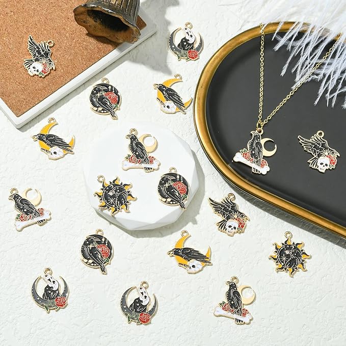 Stiesy 30 Pcs 6 Styles Gothic Black Crow Charms with Skull Sun Moon Enamel Raven with Red Rose Dangle Charm Pendant Bulk for Jewelry Making DIY Bracelet Crafting