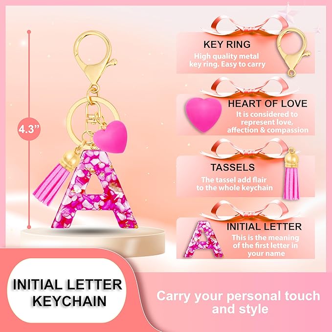 Initial Keychains for Women with Cute Heart Resin - Alphabet Letter Keychain for Bag, Backpacks, Purse or Car key