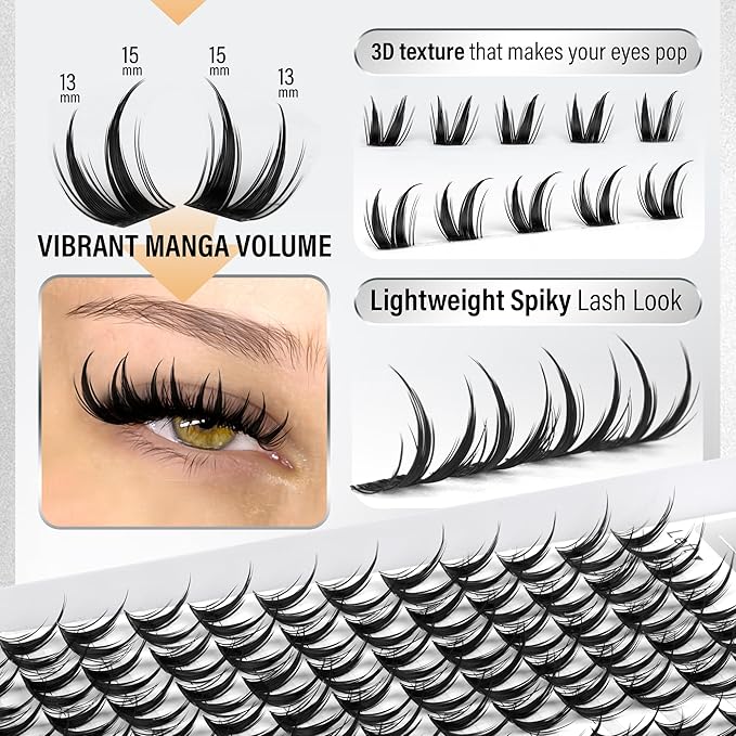 PHKERATA Cat Eye Lash Clusters Kit Fairy Eyelash Clusters Spiky Lash Extension Kit Left & Right Wispy Cluster Eyelash Extensions DIY Fox Eye Individual Lashes with Clear Bond and Seal Tweezers