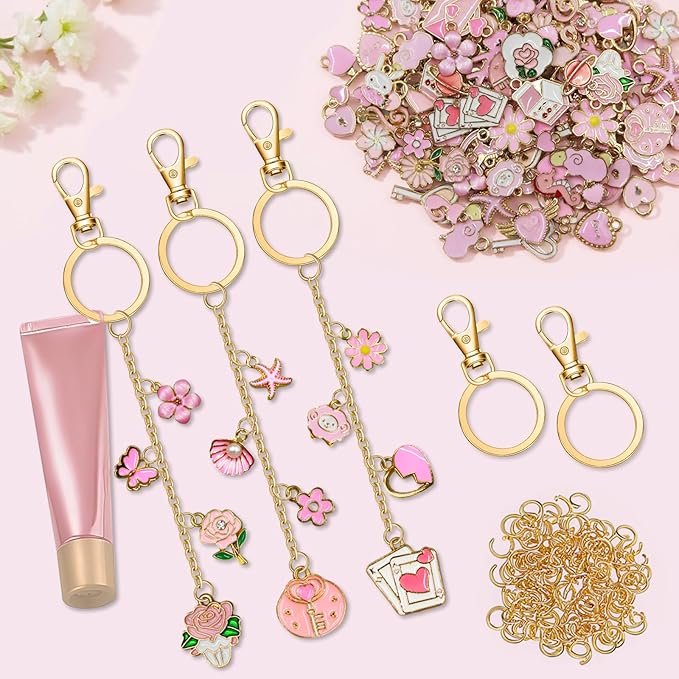 X-Kingsun 303Pcs DIY Lip Gloss Charms Keychain Kit 100 Pink Charms 20 Keychains 140 Jump Rings 20 Extender Chains 100 Hooks and Tools Bag Charm Kits for Jewelry Making Crafting