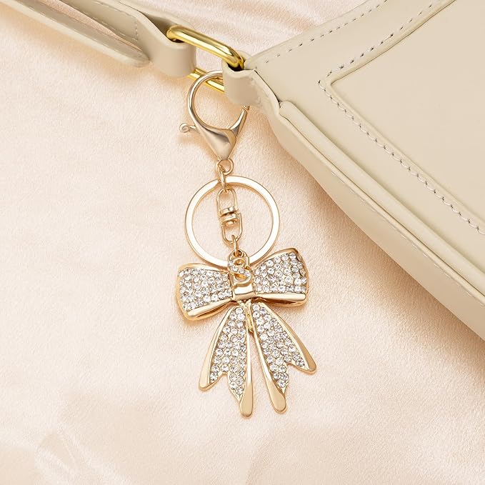 XGALBLA Sparkly Cute Initial Letter Rhinestone Bow Keychain for Women Gold Tone Bag Charms Coquette Aesthetic Purse Charms