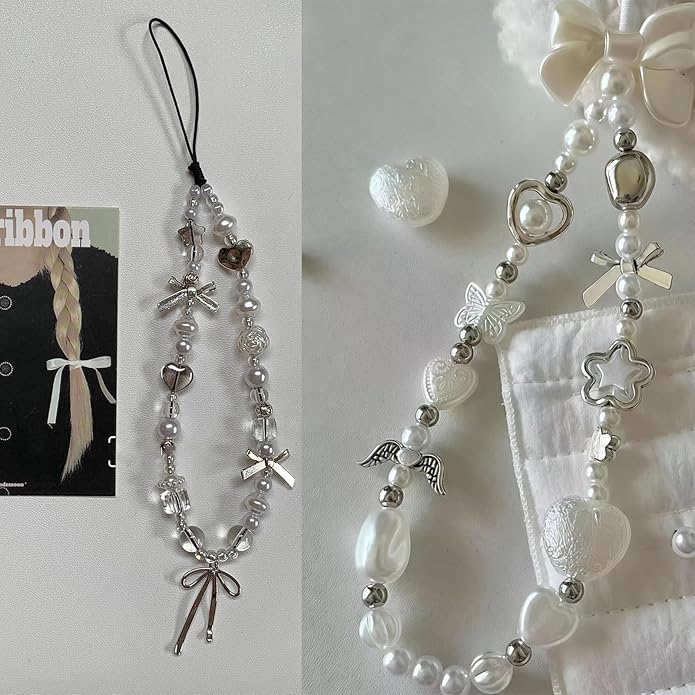 2 Pcs Phone Charm Strap Hand Universal for iPhone Wrist Strap Camera Lanyard Pearl Beaded Cute Chain String Accessories Universal for iPhone 17 Pro Max Samsung Women Girls Phones Bag Keychain
