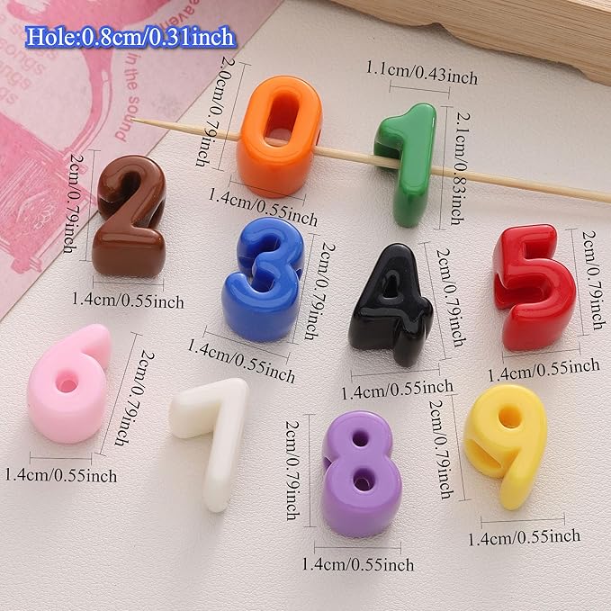 40 PCS Number Beads 3D Acrylic 0-9 Loose Large Hole for Jewelry Making Crafts Chains (Mixed Color 0-9)