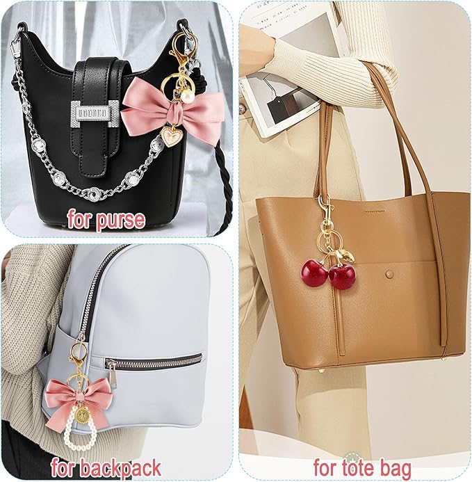 Bag Charms for Handbag Cherry Strawberry Bow Keychain Cute Purse Charms Accessories for Women Tote Bag Fruit Charm