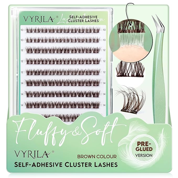 VYRILA Brown Self-Adhesive Lash Cluster Kit, Pre-Glued Clusters with Tweezers, Pop-On Faux Eyelashes, 3D Thin Band D Curl Natural Look Lahses, Easy to Apply, Reusable Eyelash Extensions (Joy-Brown)