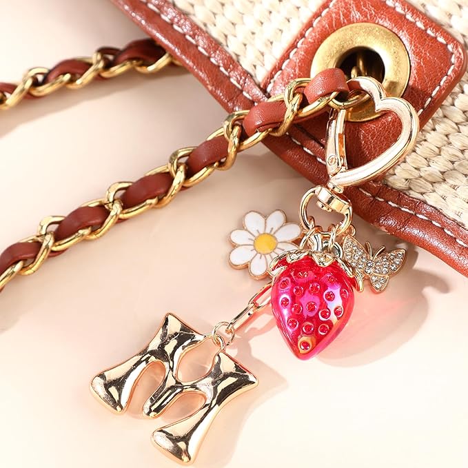 Strawberry Initial Keychain for Women-Cute Kawaii Gold Alphabet Bag Charms, Key chain Gift for Purse Handbag